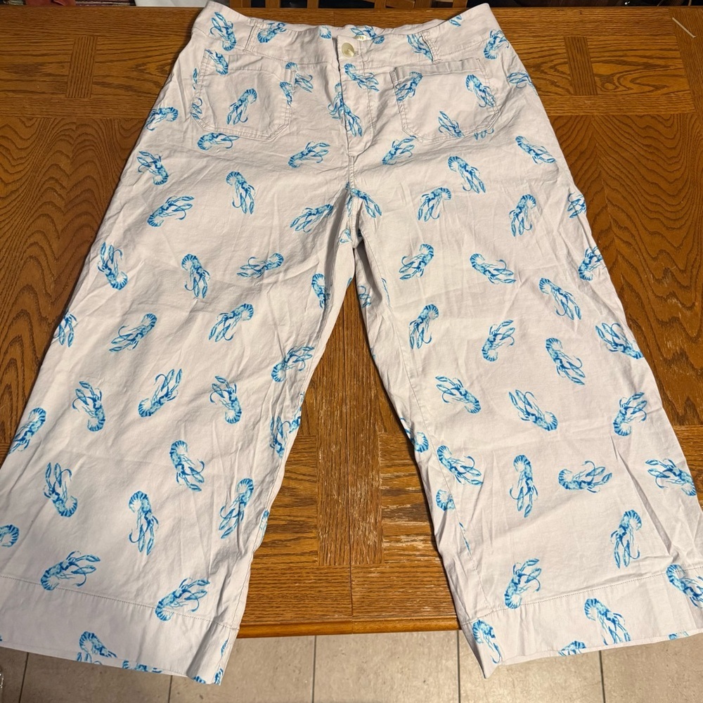 Maeve Anthropologie Colette Cropped Wide Leg Ivory Pants Blue Lobster Print 16W - Picture 3 of 15
